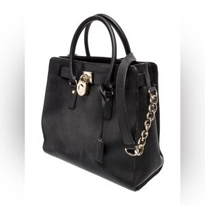 MICHAEL KORS Saffiano Hamilton satchel in black leather purse gold hardware